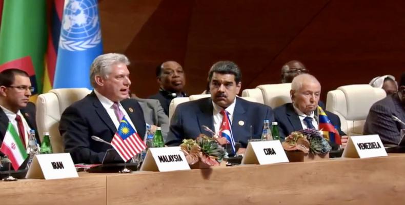 Cuban President Miguel Diaz'Canel adresses 18th NAM Sumit in Baku. October 25, 2919. Screen capture NAM YouTube channel.
