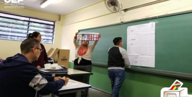 Public vote counting and ballots displayed for all to see.  (Photo: Twitter / @TSEBolivia)