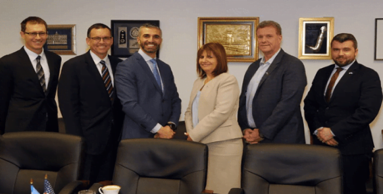 George Piro (middle l), Subdirector for FBI International Operations and Patricia Bullrich, Argentine Minister of Security, meet with other U.S. functionaries i