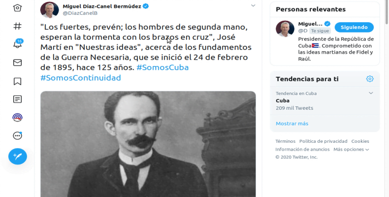 Miguel Díaz-Canel Bermúdez, exaltó este lunes la figura del Héroe Nacional José Martí. Foto: Tomada del Twitter de @DiazCanelB.