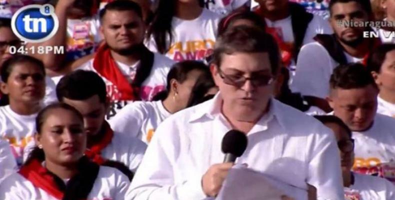 Cuban Foreign Minister, Bruno Rodriguez, speaking at the rally in Managua celebrating a new anniversary of the Sandinista Revolution.