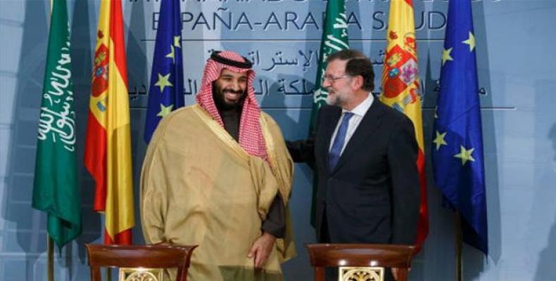 Saudi Crown Prince Mohammed bin Salman Al Saud (L) and then-Spanish Prime Minister Mariano Rajoy pose at La Moncloa palace in Madrid on April 12, 2018.  Photo: