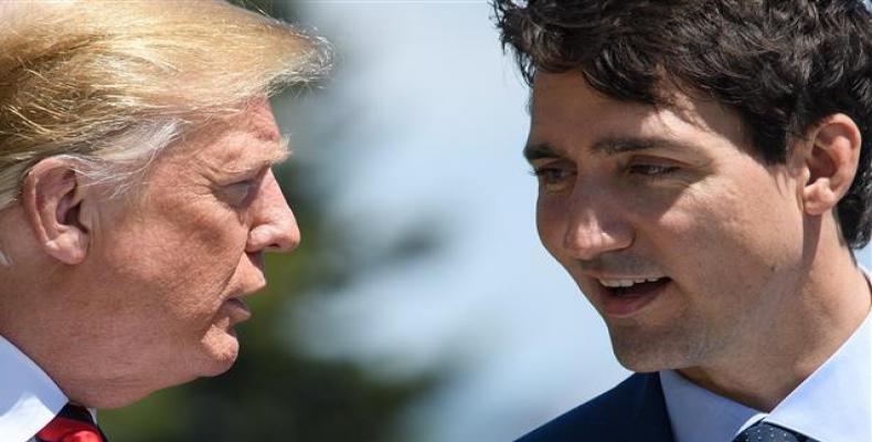 US President Donald Trump and Canadian Prime Minister Justin Trudeau hold a meeting on the sidelines of the G7 Summit in La Malbaie, Quebec, Canada, June 8, 201