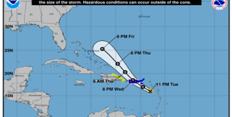 Tropical Storm Dorian's projected path as of 5 a.m. EDT on August 28, 2019  (Image: National Hurricane Center, Miami)