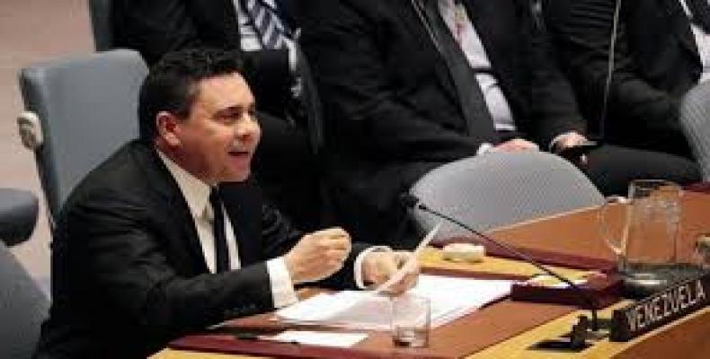 Venezuela's ambassador to the United Nations,  Samuel Moncada, addresses the Security Council. Telesur Photo