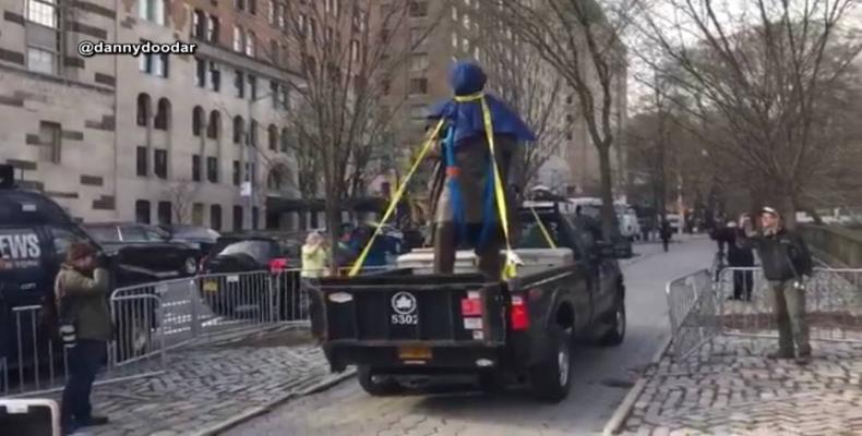 Statue of racist scientist removed from Central Park.  Photo: Democracy Now