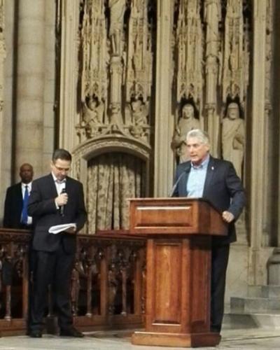 President Miguel Diaz Canel speaks at Rally. Photo Leticia Martinez