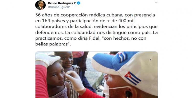 Canciller cubano, Bruno Rodríguez, afirmó que la solidaridad distingue a su país. Foto: Tomada del twitter de @BrunoRguezP.