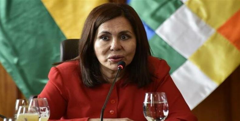 Bolivian coup government's Foreign Minister Karen Longaric speaks during a conference with the international press in La Paz, November 28, 2019. (Photo by AFP)