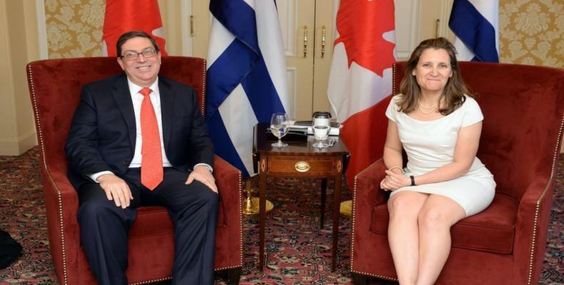 Cuban Foreign Minister Bruno Rodriguez and her Canadian counterpart Chrystia Freeland. File photo