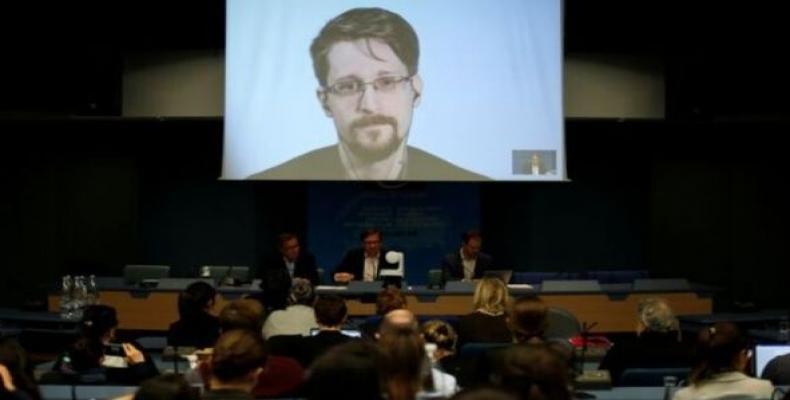 Edward Snowden speaks via video link in Strasbourg, France. (Photo: Reuters)