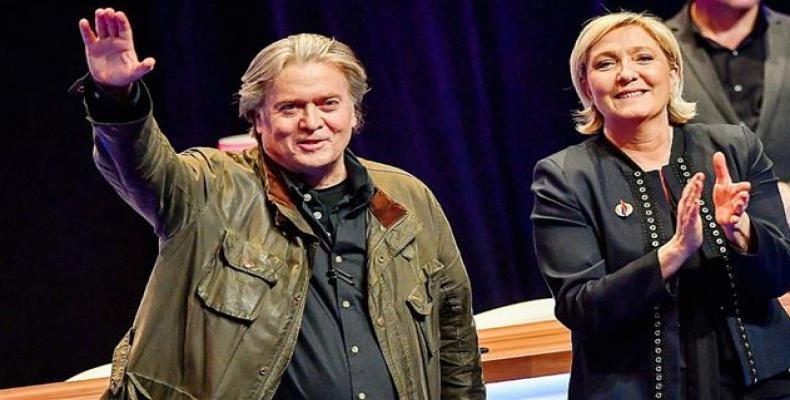 This file photo shows US President Donald Trump's former political strategist Steve Bannon and French far-right politician Marine Le Pen.  Photo: AP