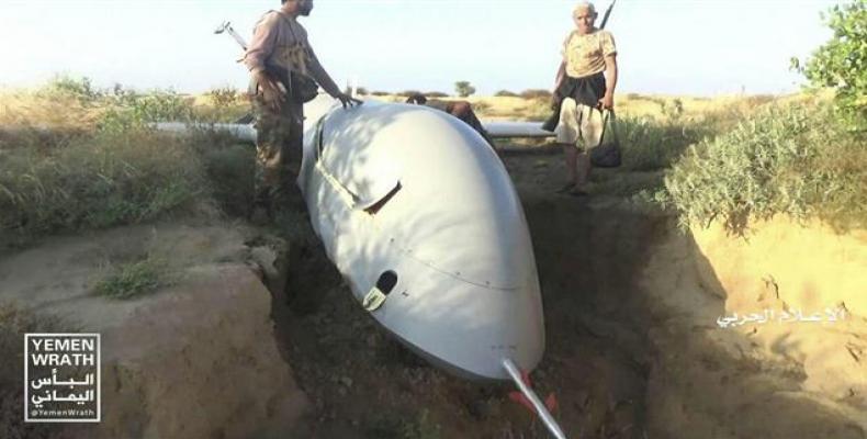 Wreckage of a Wing Loong drone belonging to the Saudi-led coalition after it was shot down by Yemeni forces.  (Photo by Yemen’s Operations Command Center)