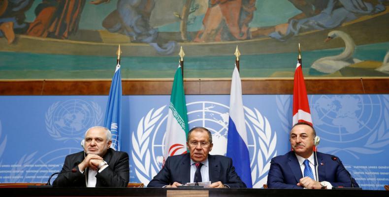 Turkey's Foreign Minister Mevlut Cavusoglu, Iran's Foreign Minister Mohammad Javad Zarif and Russian Foreign Minister Sergei Lavrov in Geneva.  (Photo: Reuters)