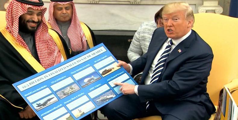 File photo showing Trump boasting about multi-billion dollar sale of weapons to Saudi Arabia.