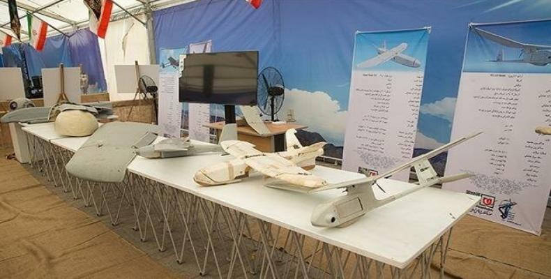 The IRGC displays a number U.S. and British drones. (Photo by Tasnim news agency)