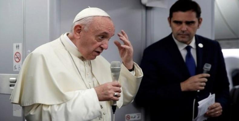 Pope Francis speaks during a news conference aboard a plane on the way back from Panama to Rome, Italy January 27, 2019.   Photo: Reuters