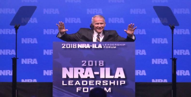 Oliver North speaks at NRA convention last week.  Photo: Reuters