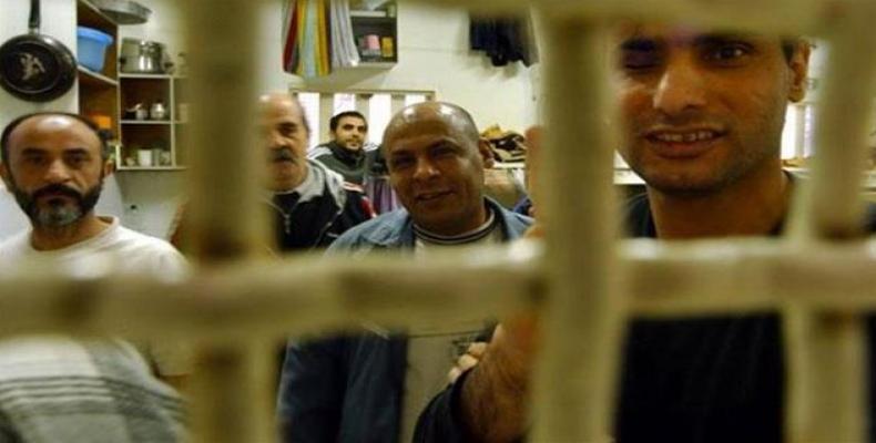 Palestinian prisoners at an Israeli detention facility in the occupied territories. (Photo: Twitter)