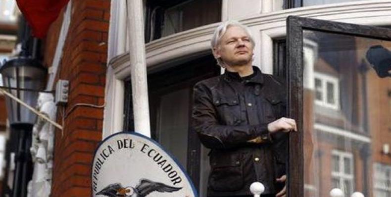 Assange at the Ecuadoran Embassy in London, May 2017 (AP Photo)