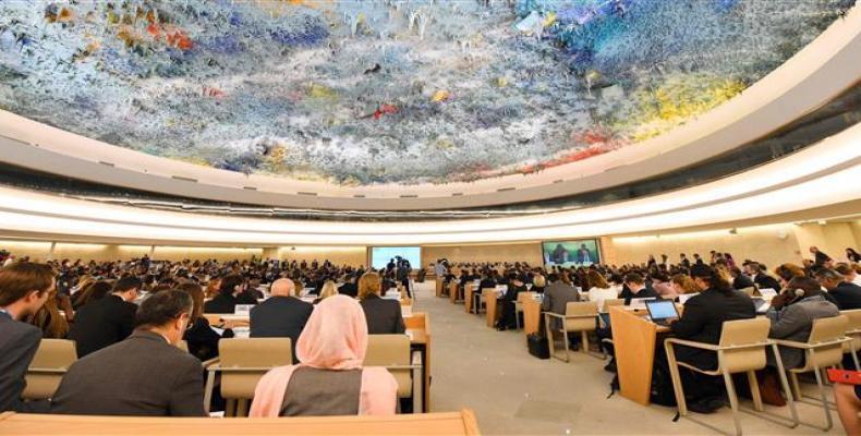 A picture taken on June 18, 2018 in Geneva shows a general view during the opening of the 38th session of the United Nations Human Rights Council.  Photo: AFP