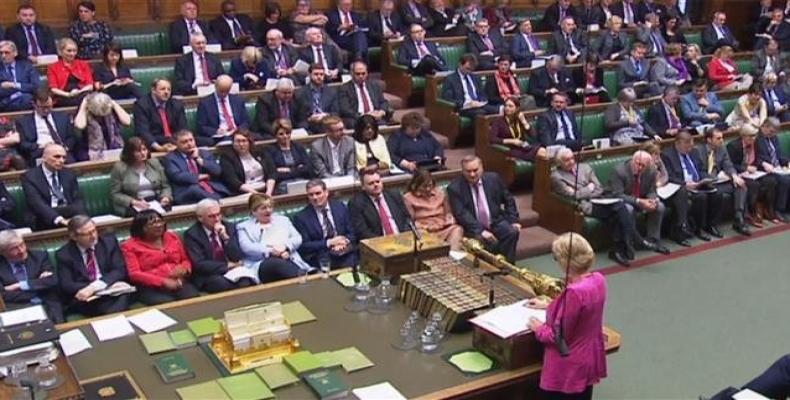 Britain's Leader of the House of Commons Andrea Leadsom (bottom R) during the debate in the House of Commons in London on December 4, 2018 on a motion to hold t