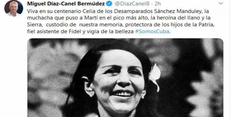 Miguel Díaz-Canel Bermúdez, evocó el centenario del natalicio de Celia Sánchez. Foto: Twitter de @DiazCanelB.