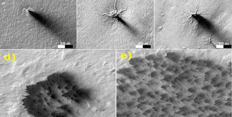 Cinco imágenes tomadas de la geografía de Marte por el Mars Reconnaissance Orbiter. NASA/JPL-Caltech/Univ. of Arizona