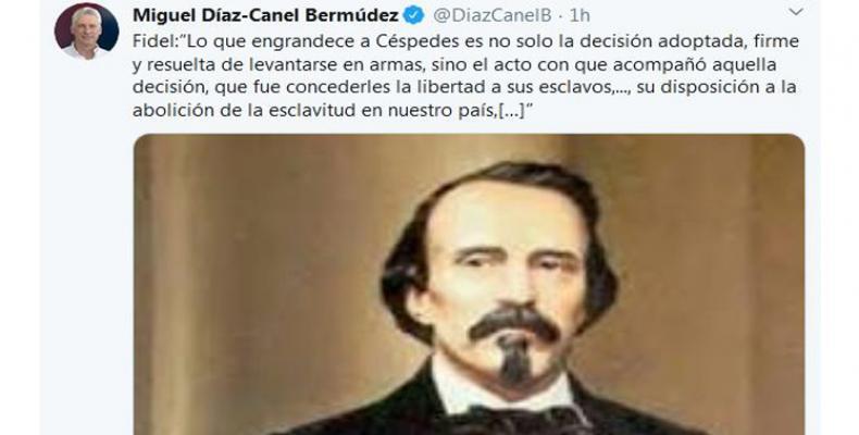 Miguel Díaz-Canel Bermúdez, recordó este jueves a Carlos Manuel de Céspedes. Foto: Tomada del Twitter de @DiazCanelB.