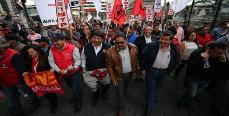 Members of the Unitary Workers’ Front (FUT), the largest union in Ecuador, protesting against the austerity measures imposed by Lenin Moreno's government in Qui