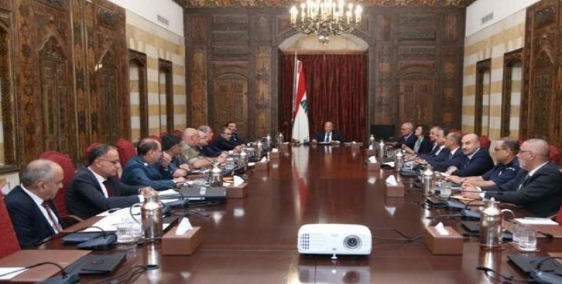 Lebanon’s Higher Defense Council, chaired by President Michel Aoun, convenes a session on August 27, 2019 to discuss the latest Israeli drone attack  (Photo via