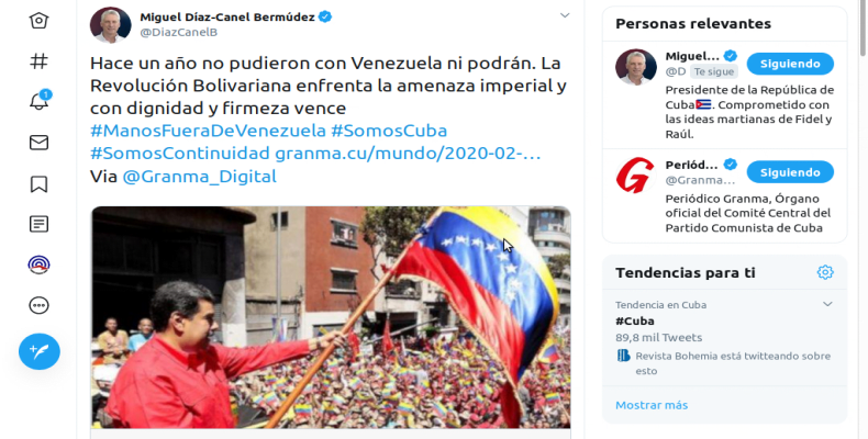Miguel Díaz-Canel Bermúdez, resaltó la dignidad y firmeza de la revolución Bolivariana de Venezuela. Foto: Tomada del Twitter de @DiazCanelB.