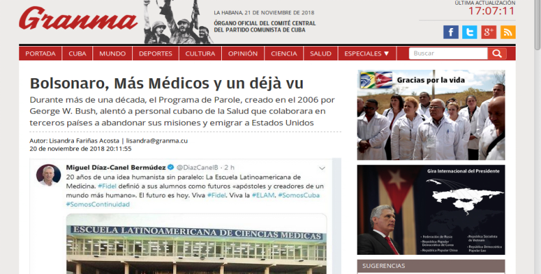 Granma newspaper denounces encouragement of Cuban doctors to stay in Brazil.  Photo: Granma