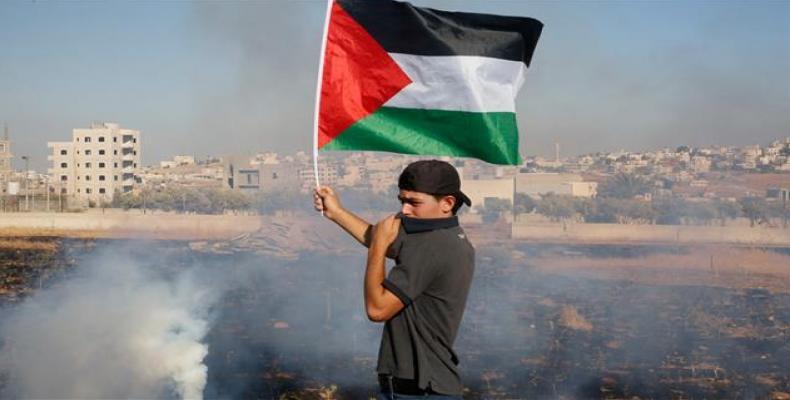 A Palestinian waves the national flag as he covers his face from tear gas fired by Israeli forces in the West Bank.  (Photo: AFP)