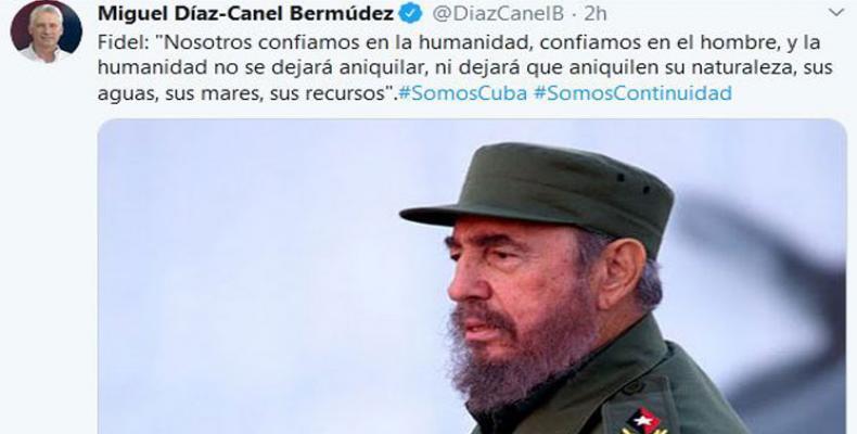 Miguel Díaz-Canel, ratificó el pensamiento del líder histórico de la Revolución Cubana, Fidel Castro. Foto: Tomada del Twitter de @DiazCanelB.