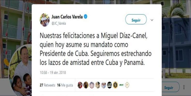 El gobierno panameño felicitó al recién electo presidente cubano, Miguel Díaz-Canel Bermúdez.Foto:PL.