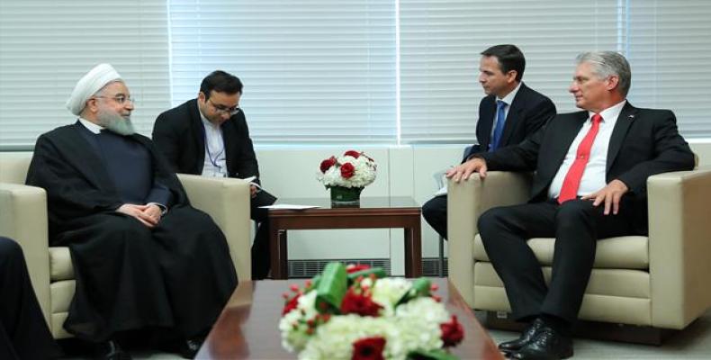 Iran's President Hassan Rouhani holds talks with his Cuban counterpart, Miguel Diaz-Canel, in New York on September 24, 2018.  Photo: president.ir