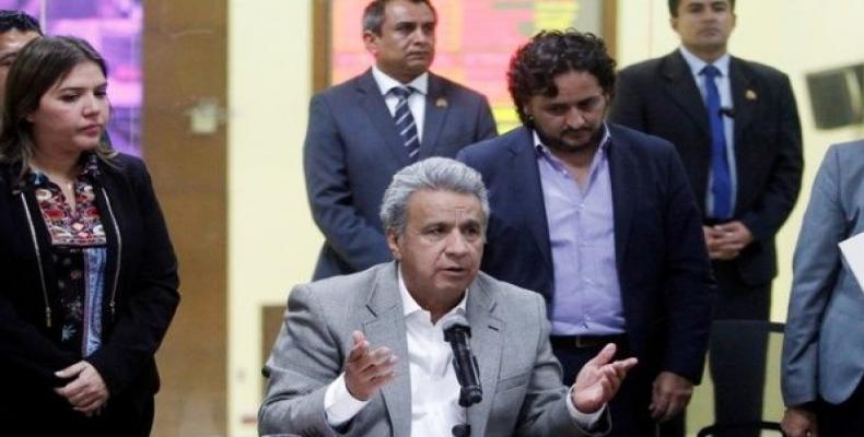 Ecuador's President Lenin Moreno gives a news conference after two Ecuadorean journalists and their driver were killed after being kidnapped in March.  Photo: R