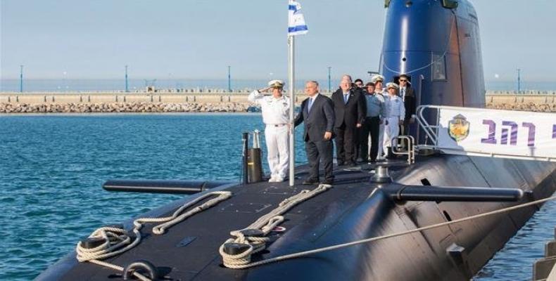 Israel's Prime Minister Benjamin Netanyahu (2nd-left) is seen at a ceremony marking the arrival of a German-made submarine in 2016.  Photo: AFP