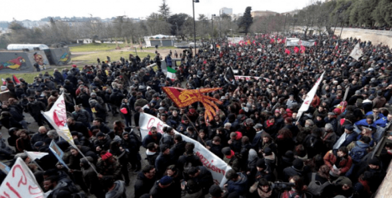 Demonstrators march during an anti-racism rally in Macerata, Italy.   Photo: Reuters