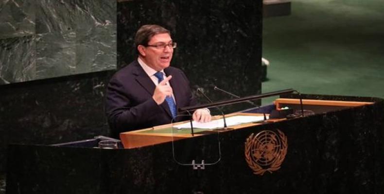 El ministro de Relaciones Exteriores de la República de Cuba, Bruno Rodríguez Parrilla, interviene en la Asamblea General de las Naciones Unidas. Foto: @CubaMIN