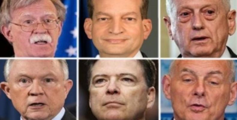 De izquierda a derecha, y de arriba a abajo: John Bolton, Alex Acosta, James Mattis, Jeff Sessions, James Comey y John Kelly. EFE