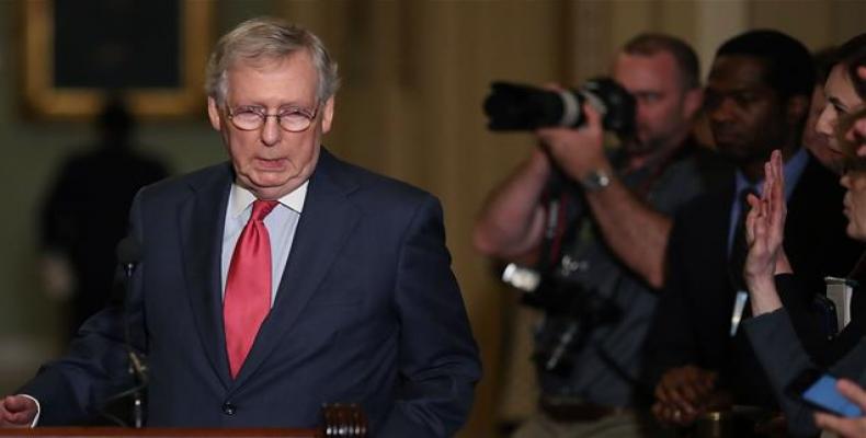 U.S. Senate Majority Leader Mitch McConnell, a Republican from Kentucky, speaks to the media after attending a Senate Republican policy luncheon on June 12, 201