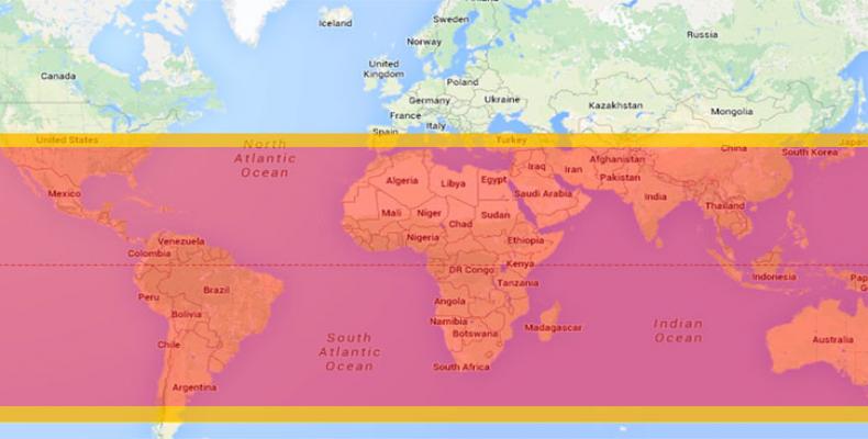 Las zonas en amarillo son los posibles lugares de imacto de la estación china. (Imagen/RT)