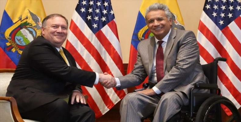El secretario de Estado de EE.UU., Mike Pompeo y el presidente de Ecuador, Lenín Moreno, en Guayaquil. 20 julio 2019. (Foto/AFP)