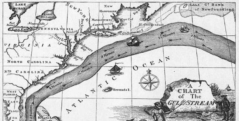 La Corriente del Golfo según el científico e inventor Benjamin Franklin. Mapa publicado en 1769.
