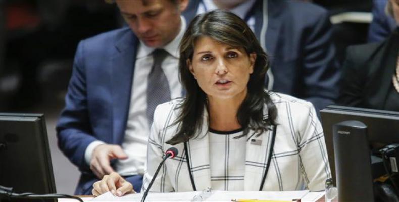 US Ambassador to the United Nations Nikki Haley speaks during a UN Security Council emergency session on Israel-Gaza conflict at United Nations headquarter on M