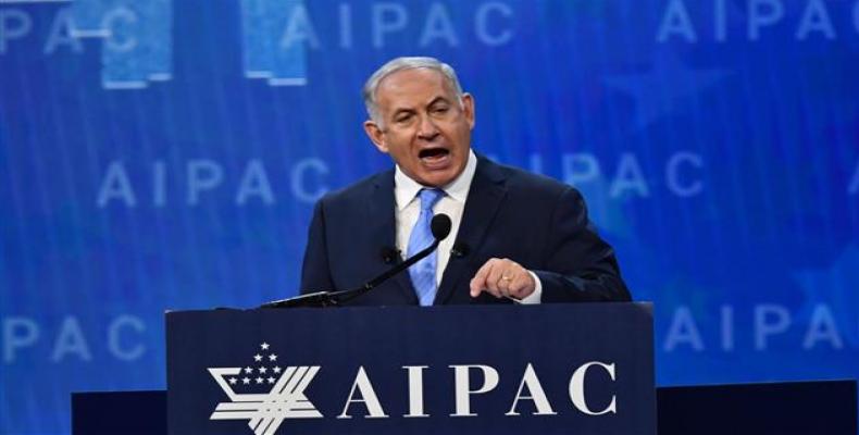 Israeli Prime Minister Benjamin Netanyahu speaks during the American Israel Public Affairs Committee (AIPAC) policy conference in Washington, DC, on March 6, 2