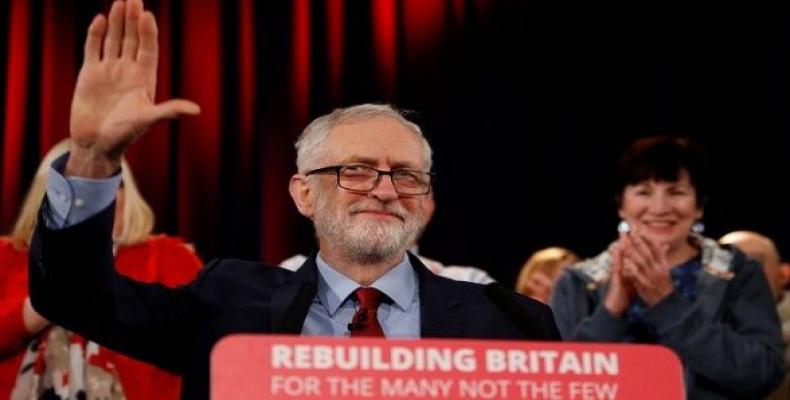   Jeremy Corbyn, Leader of the Labour Party gestures before delivering a speech days after he called a vote of no confidence in Prime Minister Theresa May's gov