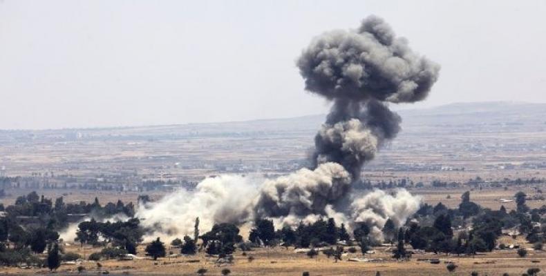 Explosion at Quneitra at the Syrian side of the Israeli Syrian border, as seen from the Israeli-occupied Golan Heights, Israel July 22, 2018.   Photo: Reuters